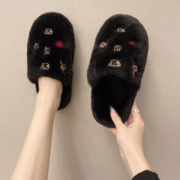 

slippers fashion home plush ins wind non-slip female indoor cotton cartoon cute girl heart peach warm, Black