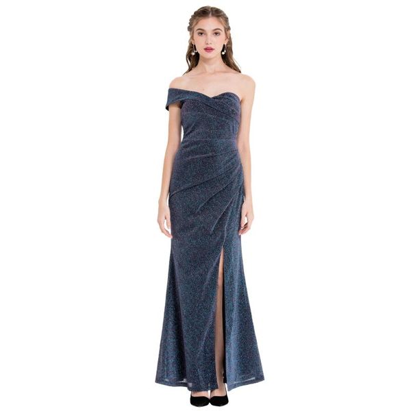 

party dresses angel-fashions women's off shoulder evening dress formal pleated slit long gown 443, White;black