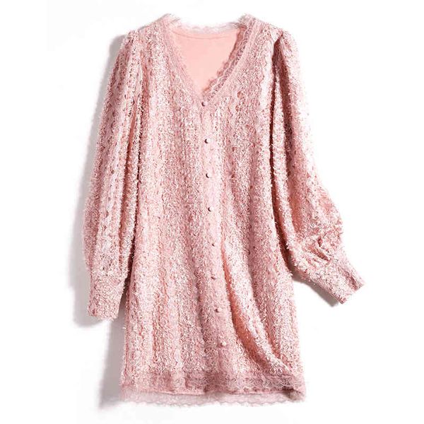 

pink black v neck lace patchwork lantern sleeve long button sweet a-line mini dress women spring d2265 210514, Black;gray