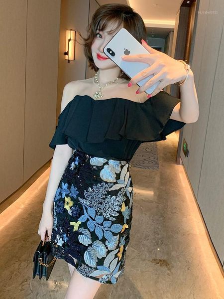 

women's tracksuits fashion light luxury embroidered floral sparkle sequin a word high waist slimming skirt summer, Gray