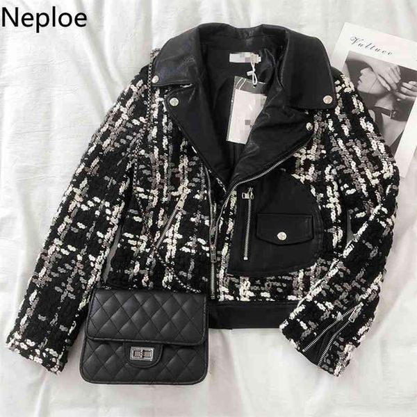 

autumn winter patchwork weave leather jacket turn down collar long sleeve small fragrance chaquter slim oblique zipper 210422, Black;brown