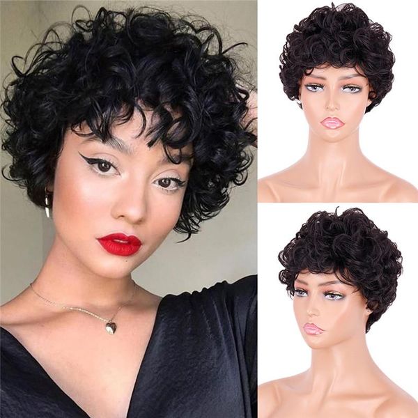 

synthetic wigs ladies short black curly wig nature wavy with bangs for daily party looking women