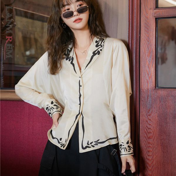 

women beige printing blouse arrivals v-neck long sleeve loose fit shirt fashion tide spring summer 2e1660 210507, White