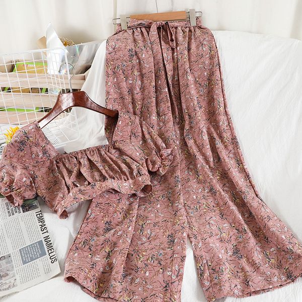 

women clothing sets summer print floral short straight wide leg pants and casual chiffon two-piece suit for women 210420, White