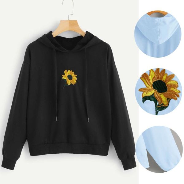 

women sweatshirt casual autumn hooded long sleeve pullover sunflower embroider hoodietunic thicken warm female blouse # women's hoodies, Black