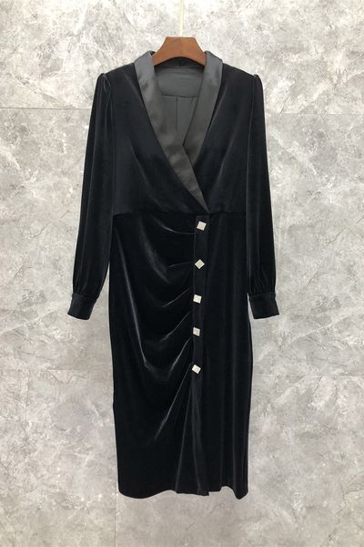 

fold split lantern sleeve velvet dress womens autumn european goods new temperament midi skirt 9s, White;black