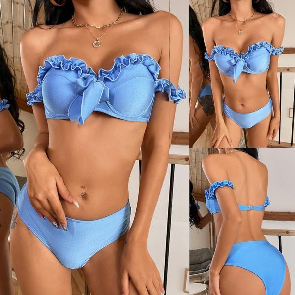 

bikini set swimwear women ruffled bandeau female solid strappy swimsuit bathing suit beach wear biquini beachwear women's, White;black