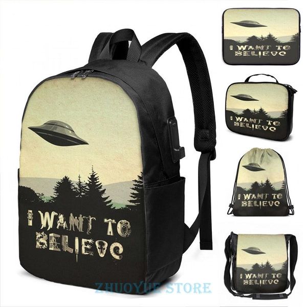 

backpack funny graphic print x-phile i want to believe usb charge men school bags women bag travel laptop