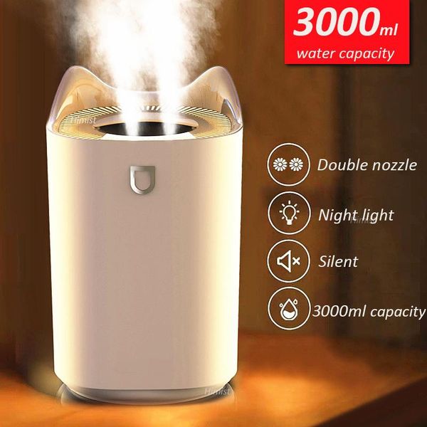 

1pcs home air humidifier 3000ml double nozzle cool mist aroma diffuser with coloful led light heavy fog ultrasonic usb humidifiers