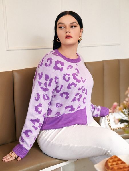 

plus leopard pattern color block drop shoulder sweater r1vl#, Black