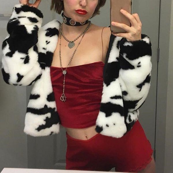 

women winter fuzzy plush short jacket long sleeve fluffy lapel zip up cropped coat black white milk cow print harajuku outwear s women', Black;brown