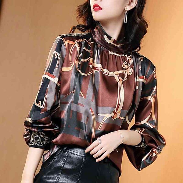 

luxury ladies satin silk runway shirt plus size women long sleeve mock neck printed casual blouses slim elegant office designer shirts, White