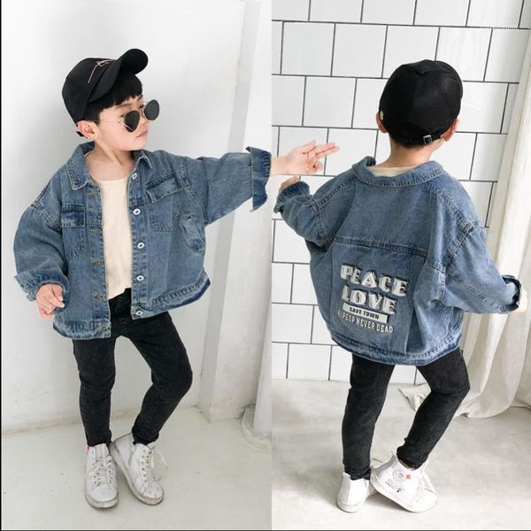 

autumn casual boys denim jackets letter printing oversized children jean coats wash distressed kids outerwear 3-13 years1, Blue;gray