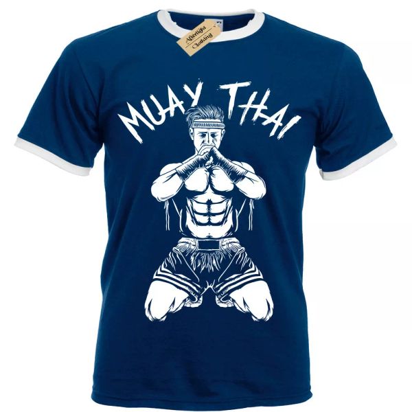 

muay thai t-shirt mens s-3xl ringer mma kick boxing training top, White;black