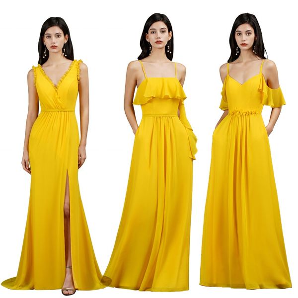 Maßgeschneiderte gelbe Meerjungfrau-Brautjungfernkleider, geteilte Seite, eine Schulter, plissiert, 2022, Strand, langes Hochzeitskleid für Trauzeugin-Kleider