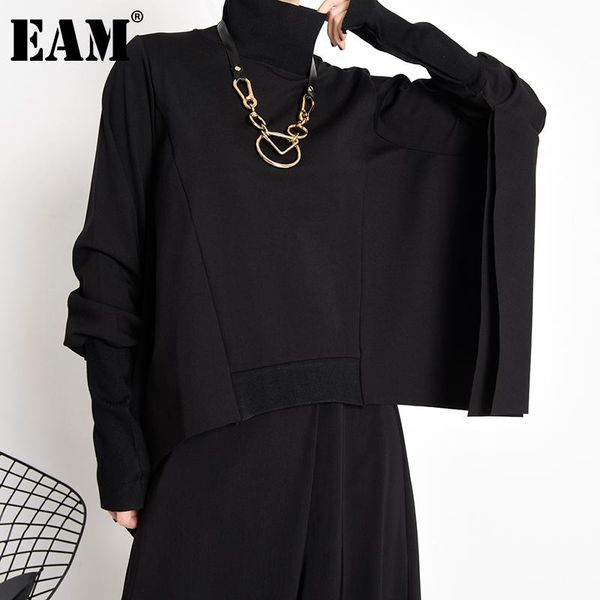 

women's hoodies & sweatshirts [eam] loose fit black irregular split sweatshirt turtleneck long sleeve women big size fashion tide sprin