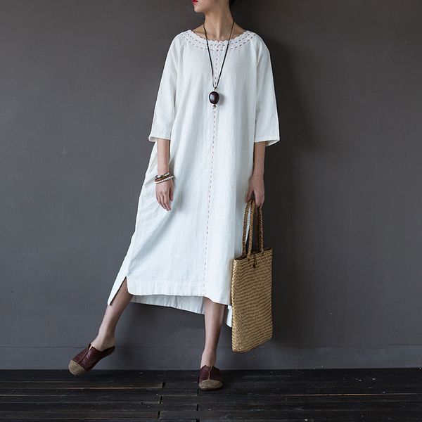

johnature summer cotton linen three quarter sleeve o-neck embroidery dresses loose leisure 2 color women fashion dress 210521, Black;gray