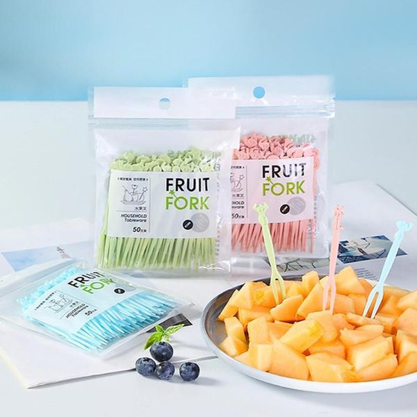 

forks 50pcs plastic fruit fork disposable small household children eat creative cute stick cartoon home kitchen accessory