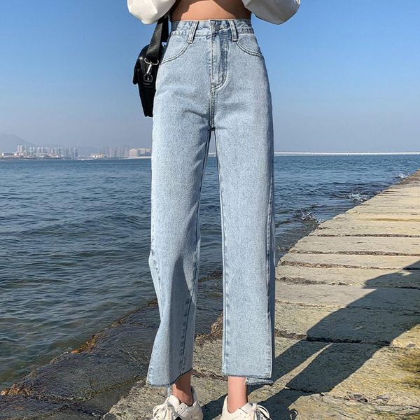 

women's jeans korean high waist straight women plus size vintage boyfriend mom split denim pants wide leg streetwear 2021, Blue