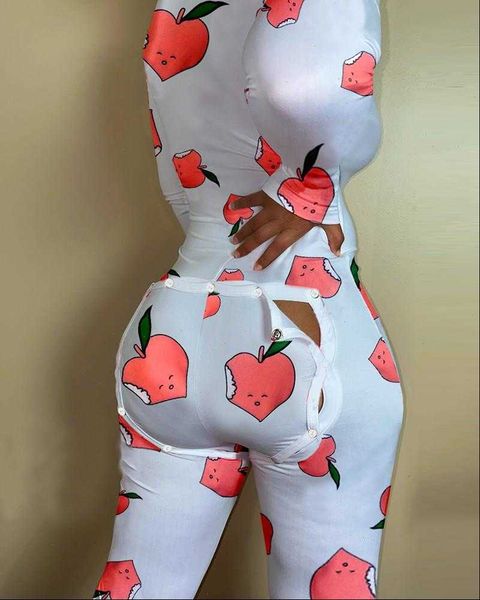 

v neck buttons up womens jumpsuits long sleeve autumn fruits print sleepwear back flap, Black;white