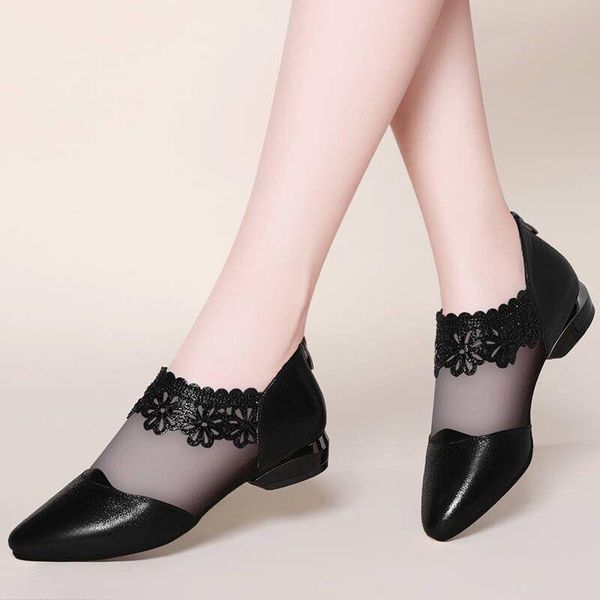 

dress shoes women's low heels pumps for women 2021 lace pointed toe black mesh breathable elegant ladies zipper female footwear