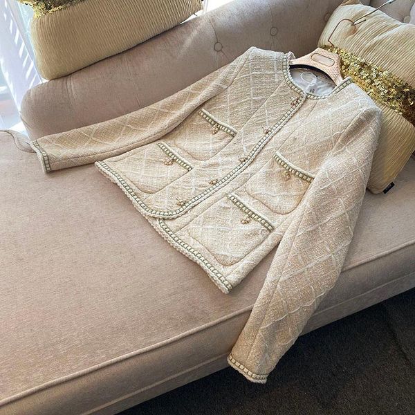 

women's jackets women spring autumn vintag elegant ladies temperament rhombic rope tweed beige long-sleeved jacket short coat, Black;brown