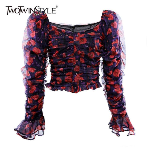 

vintage print floral shirt for women square collar flare long sleeve ruched slim hit color blouse female fashion 210428, White