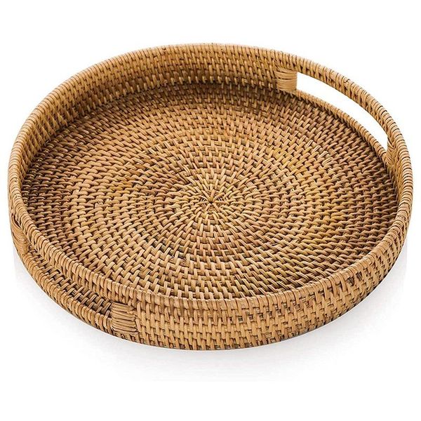

storage baskets round rattan woven serving tray with handles ottoman for breakfast, drinks, snack coffee table, home decorative