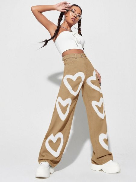 

high waist heart print wide leg jeans o9tg#, Blue