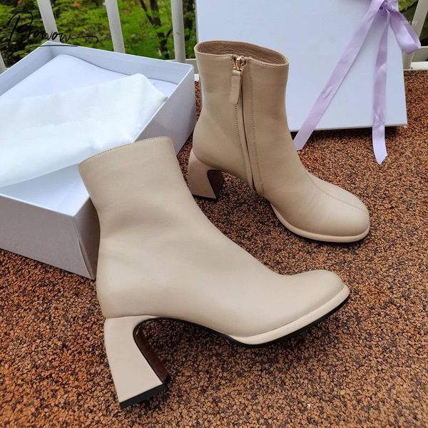

boots prowow fashion style beige black genuine leather women ankle round toe side zip thick high heel shoes woman1