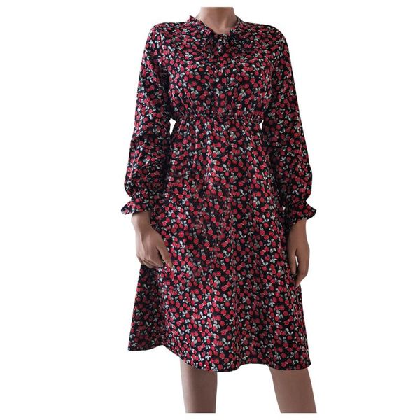 

casual dresses for women elegant dress floral printed loose long sleeve flared girdle midi vestititi da donna, Black;gray
