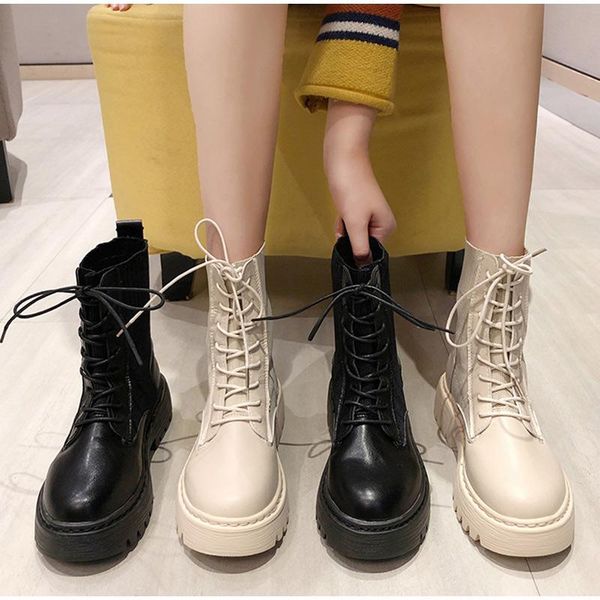 

boots mcckle women army combat ankle woman lace up shoes gothic sock platform leather chunky heels fashion botas mujer, Black