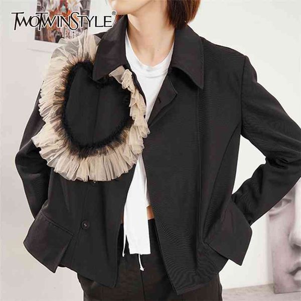 

patchwork ruffle mesh blazer for women lapel long sleeve hit color casual blazers female fashion clothing 210524, White;black