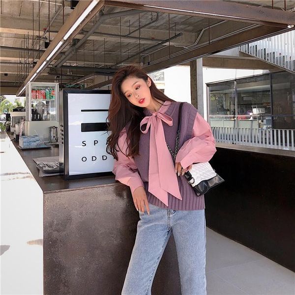 

pink loose bow blouse knitting vest suit women blouses 2021 office shirt casual blusas femininas women's two piece pants, White