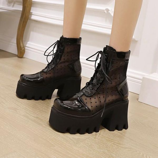 

boots 2021 summer heightened cool breathable mesh hollow all-match leather thick heel high-heeled ankle, Black