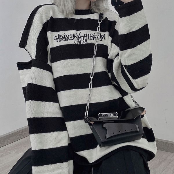 

women's sweaters female knitted sweater with an outer shoulder, vintage embroidered striped shirts, korean casual sweaters for autumn a, White;black