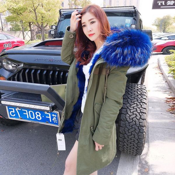 

women's fur & faux libieliymulher parka coat natural real hooded ladies winter warm jacket, Black