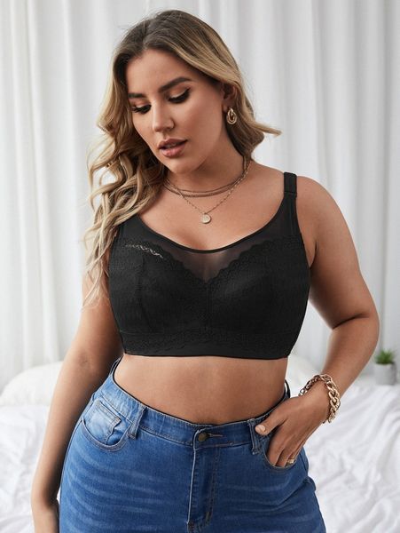 

plus contrast mesh full cup bralette v6hi#, Black;white