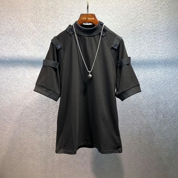 

men's t-shirts men dark urban youth stitching stand collar loose t-shirt black and white high street half large short sleeves, White;black