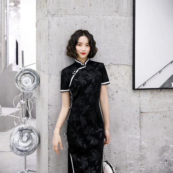 

vintage lace qipao black cheongsam chinese mandarin collar slim fit dress for women party gown vestido plus size 4xl ethnic clothing, Red
