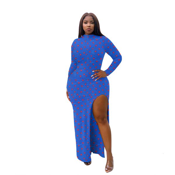 

fashion high neck printed long sleeves side split women party arrived ankle length elegant sheath es real image, Black;gray