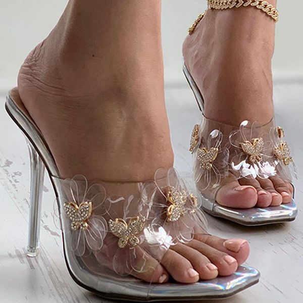 

sandals ins girls open toe summer pvc flower sier women's pumps high thin heels party shoes woman, Black