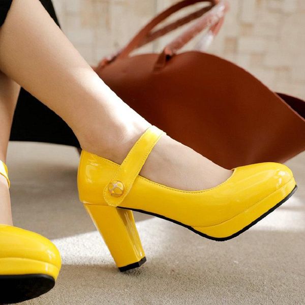 

dress shoes zawsthia patent pu leather yellow purple red platform block high heels womens mary janes office lady pumps big size 47 48, Black