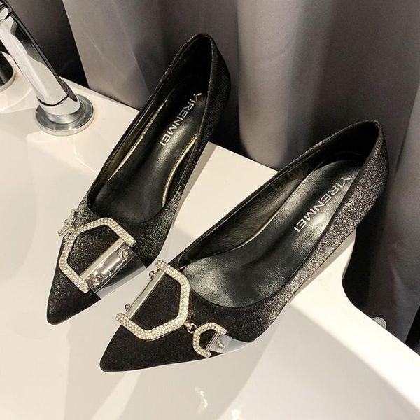 

dress shoes tacones mujer thin heel ladies fashion wedding metal woman solid high heels pumps casual pointed toe stilettos y16-08, Black