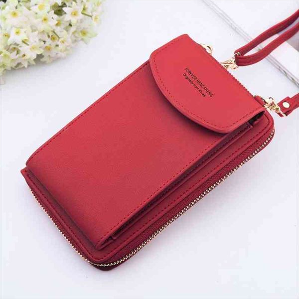 

women wallet solid color leather shoulder straps bag mobile phone big card holders handbag pockets girls, Red;black