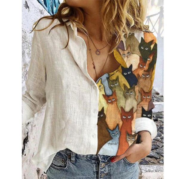 

women casual cats print blouse spring autumn long sleeve cotton and linen loose shirt vintage tunic plus size women's blouses & shirts, White