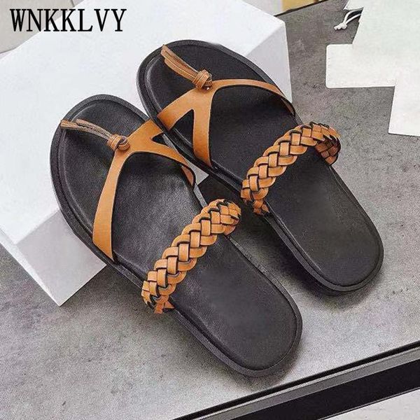 

slippers flat heel women concise beach slides retro sandals real leather leisure vacation gladiator shoes 2021 flipflops mules, Black