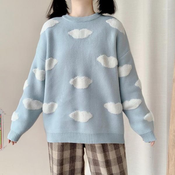 

women's sweaters kawaii cloud blue sweater women japanese fashion soft girl cashmere warm knitted jumper korean harajuku cute pink wool, White;black