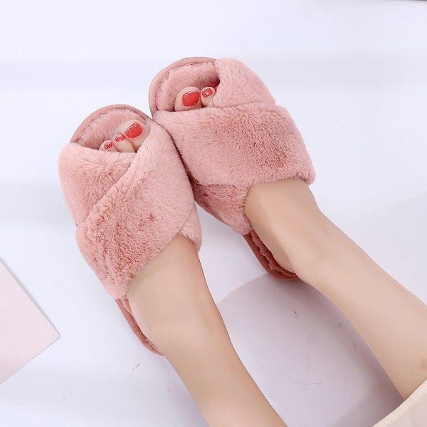 

hairy slippers soft bottom home open-toe warmth women's cotton one-line fashionable versatile durable, Black