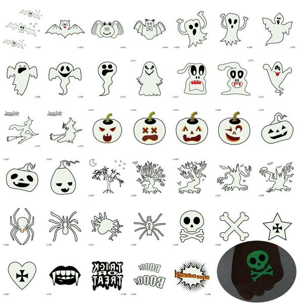 40 pz Luminoso S Joke Fantasma Taty Spider Falso Zucca Strega Incandescente nel Buio Autoadesivi Provvisori Del Tatuaggio Bambini Body Art